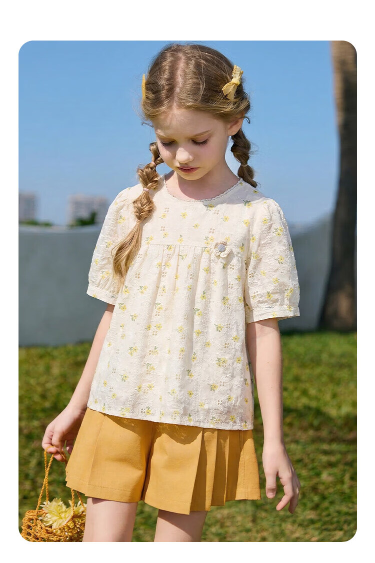 CHANZUIGOU Girls' Glutinous Yellow Floral Print Short Sleeve Top 2026 Summer New Stylish Versatile Shirt 9